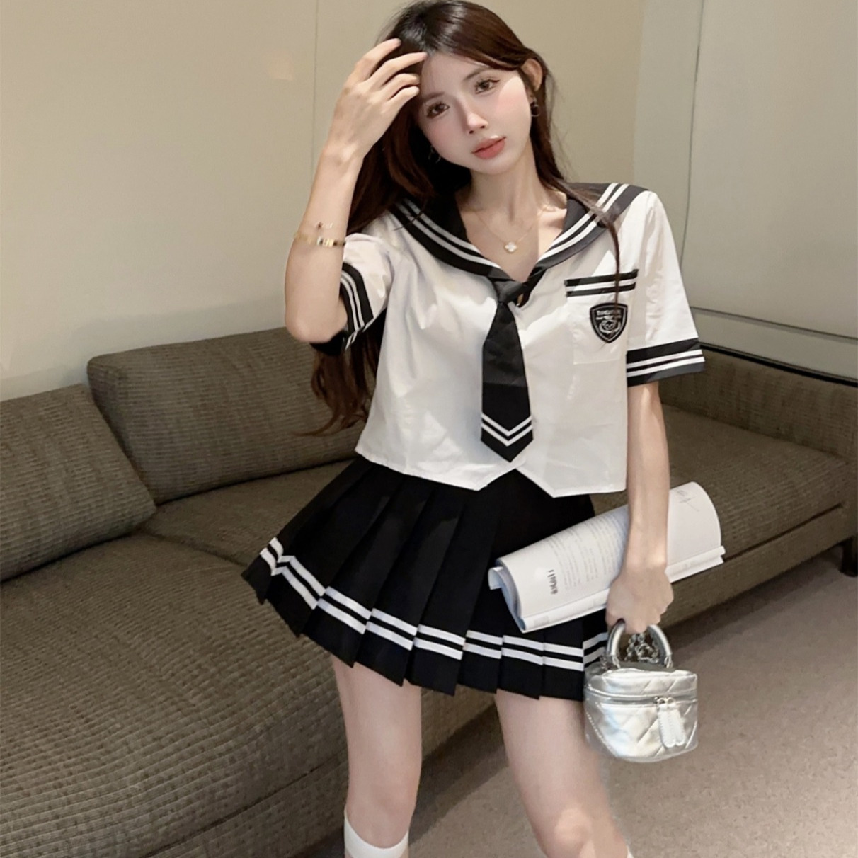 JK制服学院风套装女夏装工作服减龄海军领衬衫加百褶短裙少萝穿搭