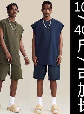 上新#男款夏季连袖无袖坎袖圆领卫衣棉短裤套装#加肥加大码可加长