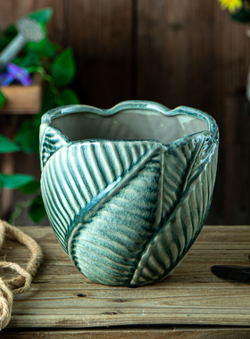 复古花园陶瓷花盆叶子纹理绿色装饰花器植物种植盆浮雕