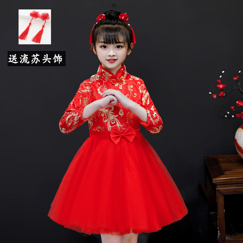 女童公主裙中国风纱裙演出服红色