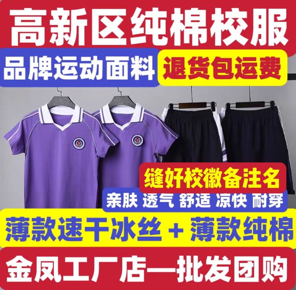 大连市高新园区小学夏季校服紫色上衣短袖短裤套装男女