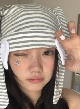 小众设计感条纹包头帽女可爱兔耳朵帽子y2k亚文化甜酷套头月子帽