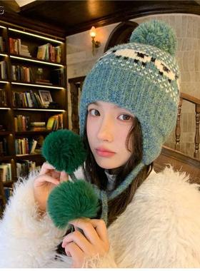 可爱小羊提花毛球绑带护耳针织帽女冬季保暖防寒显脸小百搭毛线帽
