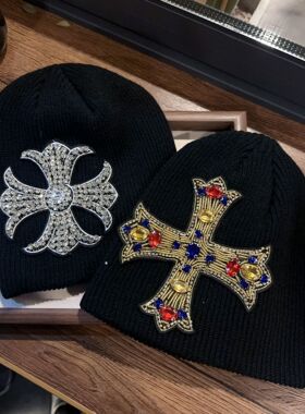 重工串珠宝石十字架黑色毛线帽女秋冬小众复古街头嘻哈针织包头帽