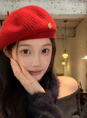 100%羊毛毛线针织条纹贝雷帽女士秋冬纯色文艺保暖大版型画家帽子