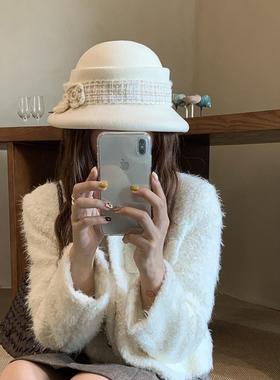 羊毛呢白色花朵礼帽女复古法式千金赫本风留洋圆顶小檐渔夫帽盆帽