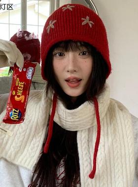 韩国ins手工花朵针织帽秋冬系带保暖护耳帽出片红色套头帽雷锋帽