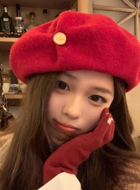 高品质100%羊毛贝雷帽女秋冬季保暖圣诞新年红色蓓蕾画家帽显脸小