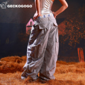 GECKOGOGO美式 男女同款 街头宽松慵懒灰色速干工装 伞兵裤