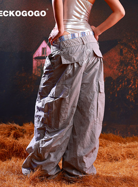 GECKOGOGO美式街头宽松慵懒灰色速干工装伞兵裤男女同款