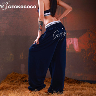 GECKOGOGO美式复古水洗藏青阔腿裤宽松垂感绣花长裤低腰卫裤