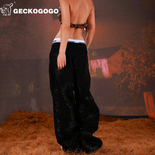 GECKOGOGO美式街头宽松弯刀裤水洗重磅黑色泼墨满天星牛仔裤