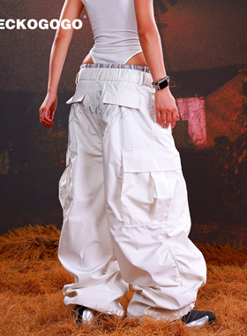 GECKOGOGO街头垂感工装裤美式白色伞兵裤束脚休闲防水裤男女同款