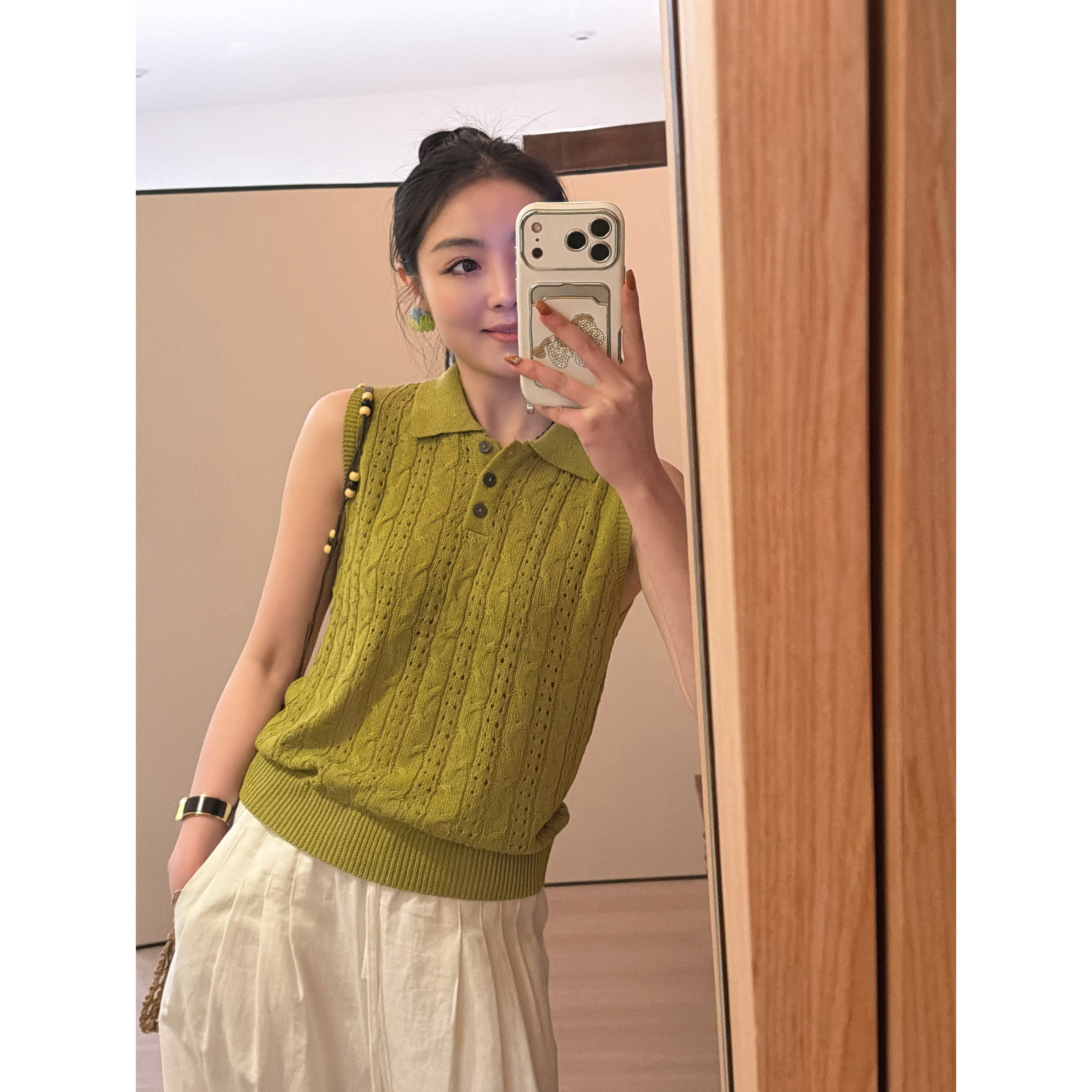 【吉满】自制款polo领镂空麻花亚麻背心3151