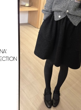 【吉满】加厚韩系秋冬复古深灰色花苞松紧腰毛呢半身裙JM3027
