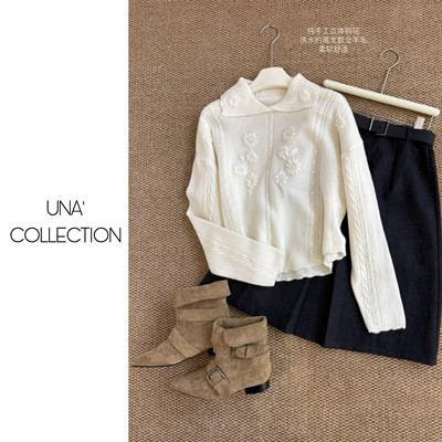 【吉满】重工手工立体钩花翻领软糯全羊毛毛衣JM2927