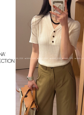 【吉满】老钱风莱塞尔复古翻领绞花针织短袖TJM3096