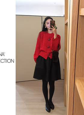 【吉满】新年氛围感高奢羊毛定制钻扣灯笼袖加厚毛衣JM3065