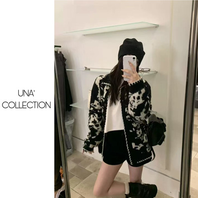 【吉满】欧版黑白拼色复古提花立领加厚毛衣开衫外套JM2961