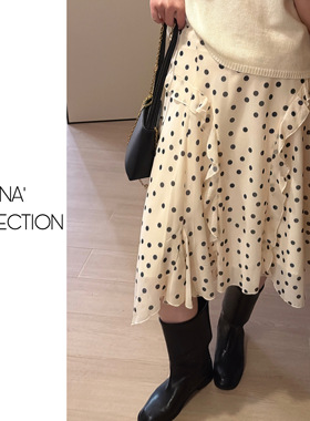 【吉满】韩系荷叶边高腰波点不规则半身裙JM3088
