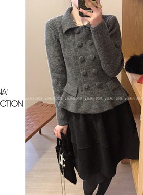 【吉满】加厚版/自制款翻领双排扣小蛮腰显瘦针织毛衣开衫JM3023