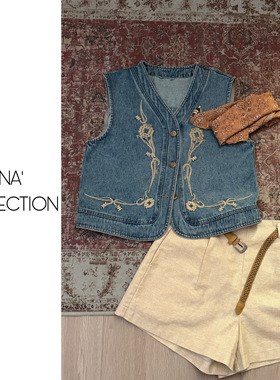 【吉满】欧版重工刺绣复古牛仔马甲3100