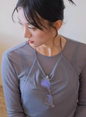 LOOP ME 韩系叠穿 灰色系带设计感挂脖吊带假两件长袖T恤女