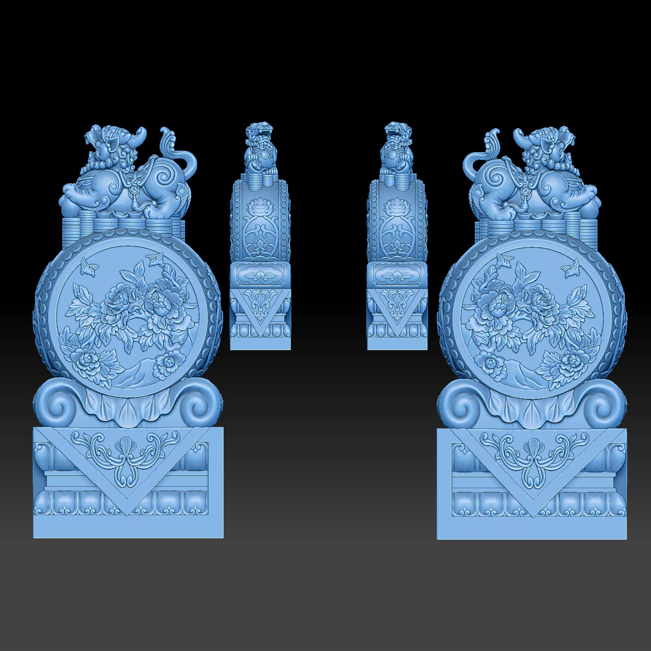 圆雕图 三维立体 stl 3D打印  一对貔貅抱鼓