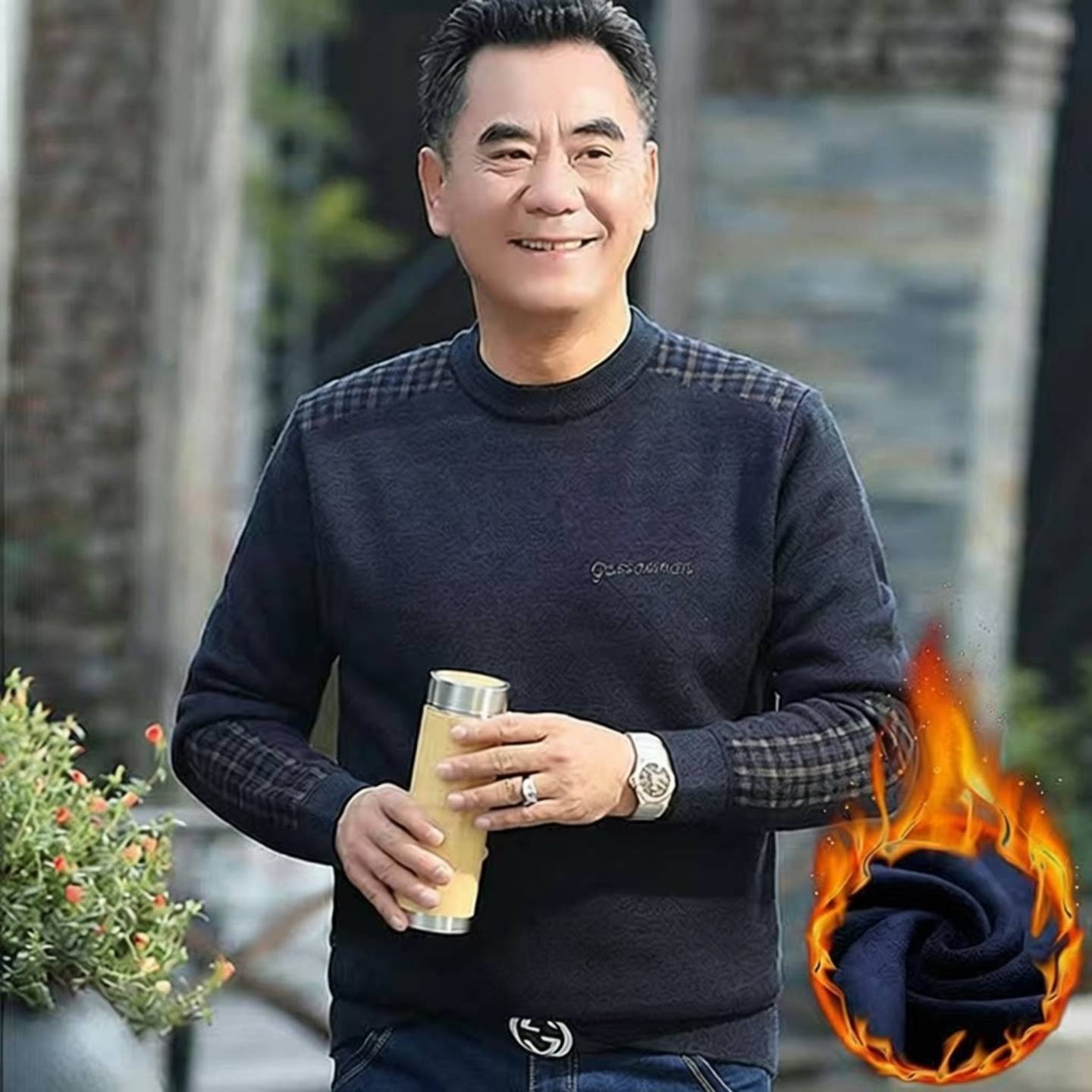 冬季男士T恤爸爸加绒毛衣圆领