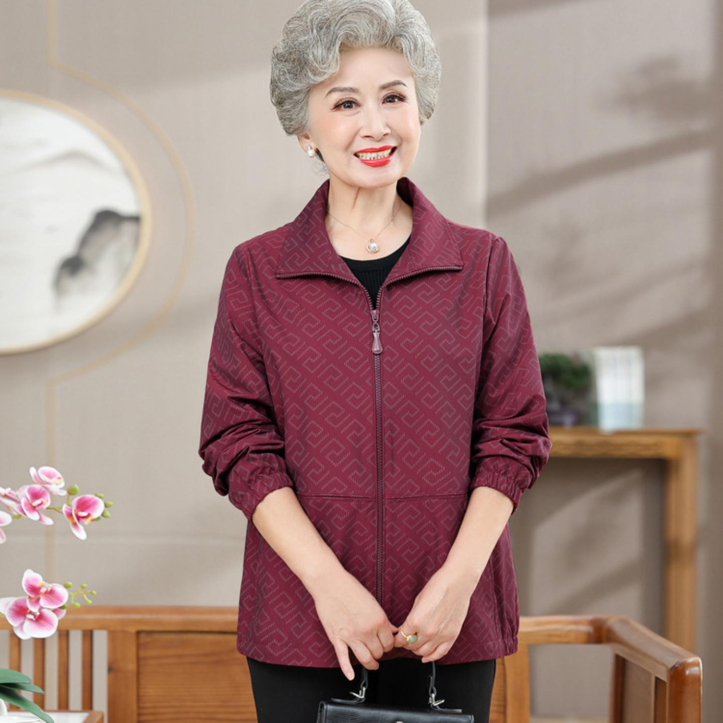 中老年人秋装外套女奶奶休闲翻领薄款风衣妈妈装夹克上衣老人新款