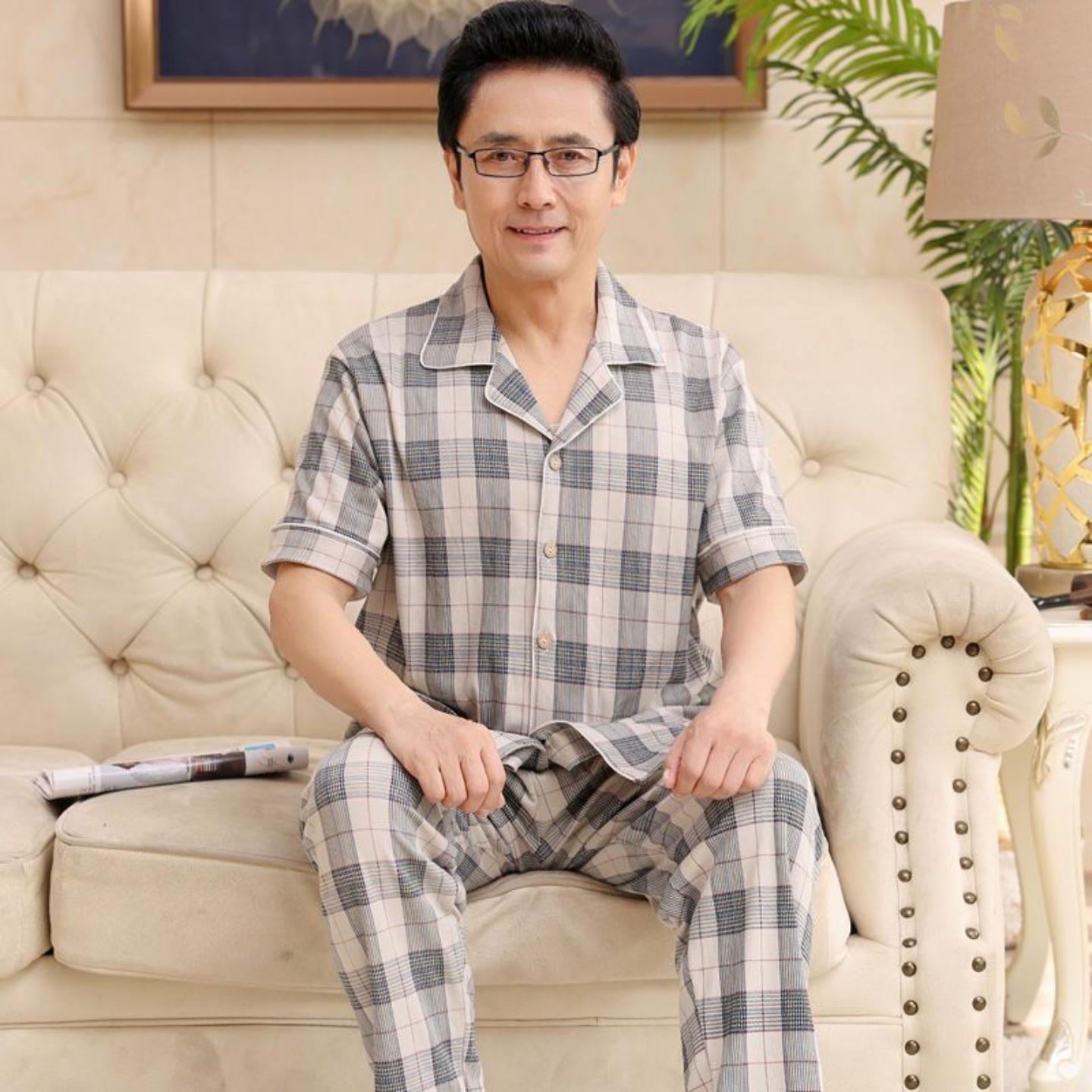 爸爸夏季睡衣纯棉男士短袖薄款