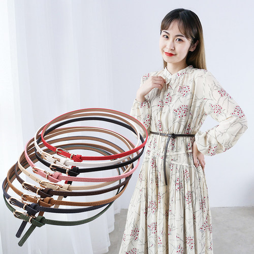 多尺寸细款腰带配衬衫连衣裙子女杏咖色装饰百搭小皮带可打结改短 - 封面