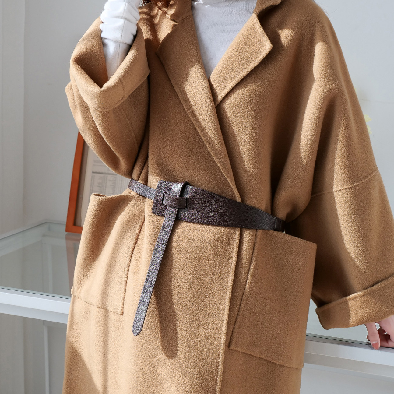双面呢羊绒大衣腰带女士装饰外套西装配毛衣裙子简约软打结宽皮带