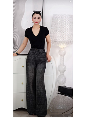 【RZ】翻腰显瘦花灰色阔腿牛仔裤