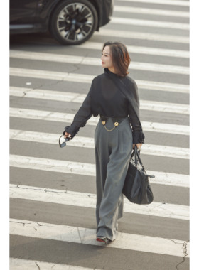 【RZ】高定灰色金扣链条阔腿裤
