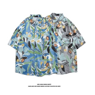 日系复古短袖衬衫男夏季嘻哈oversize半袖宽松慵懒休闲夏威夷衬衣