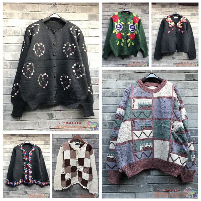 日系森女100%纯羊毛毛衣 手工编织立体浮花钩花 vintage特价清仓1
