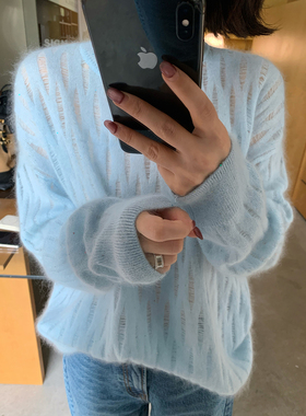 骆衣衣TheLOE/真丝羊绒浅色镂空宽松圆领洋气减龄针织衫百搭休闲