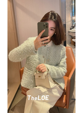 骆衣衣TheLOE/90白鹅绒羊毛复古圆领混色百搭小香羽绒外套