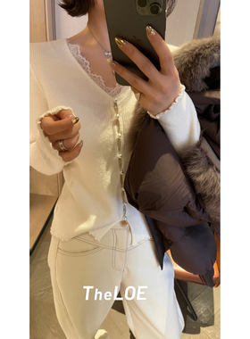 骆衣衣TheLOE/218g-223g绵羊毛V领蕾丝单排扣百搭长袖针织