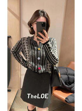 骆衣衣TheLOE/羊驼羊毛天丝圆领竖纹拼色小南瓜扣子针织开衫