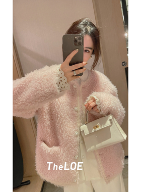 骆衣衣TheLOE/百分百绵羊毛拼色圆领减龄时尚外套