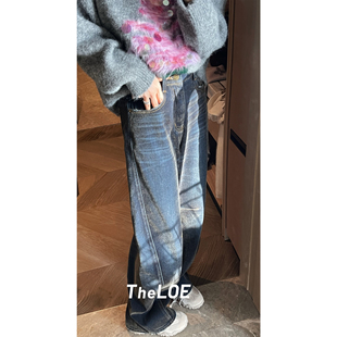 722g高腰宽松百搭牛仔裤 骆衣衣TheLOE 丝绒光感牛仔加绒裤