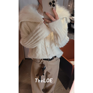 骆衣衣TheLOE 644g重磅狐狸毛翻领休闲减龄针织开衫