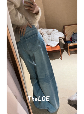 骆衣衣TheLOE/绝美复古高腰百搭浅蓝渐变直筒阔腿牛仔裤