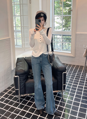 骆衣衣TheLOE/棉质重工水洗复古港风极简高腰莱卡牛仔裤