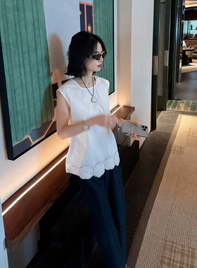 Theloe骆衣衣纯棉白色马甲背心气质女夏季新款高级新中式上衣薄款