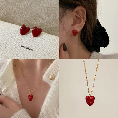 简约感红色滴油爱心耳钉耳饰女轻奢复古个性时尚潮流百搭项链