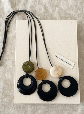 天然吊坠长款黑色皮绳项链女小众设计个性简约百搭时尚颈链锁骨链
