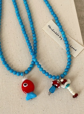 彩色多巴胺小鱼蘑菇吊坠蓝色串珠项链女萌趣可爱百搭颈链锁骨链